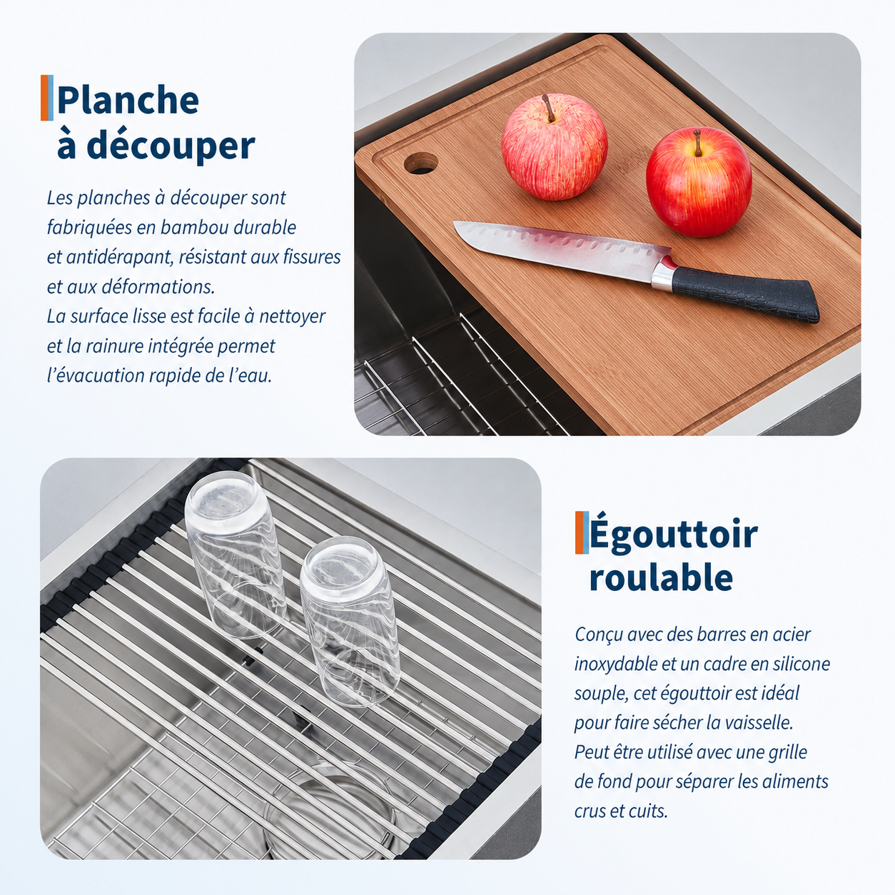 Garvee Évier de cuisine sous plan 76x48x25cm en inox 304, cuve simple avec planche à découper, égouttoir, grille et angles R10