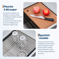 Garvee Évier de cuisine sous plan 76x48x25cm en inox 304, cuve simple avec planche à découper, égouttoir, grille et angles R10