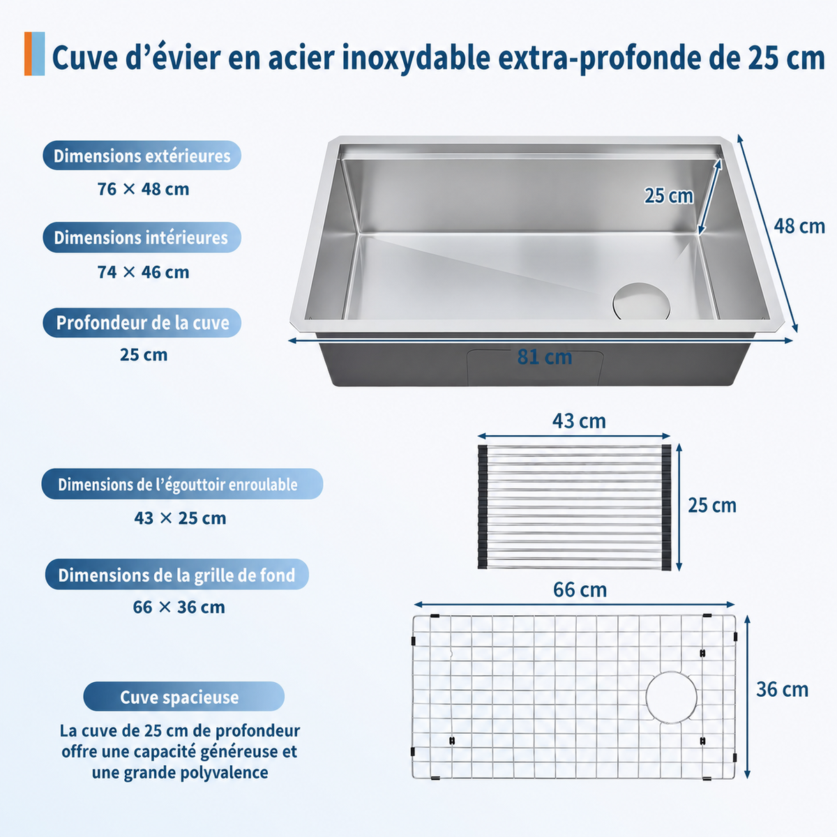 Garvee Évier de cuisine sous plan 81 x 48 x 25 cm en inox 304, poste de travail avec planche à découper, égouttoir, grille, cuve simple et angles R10, argenté