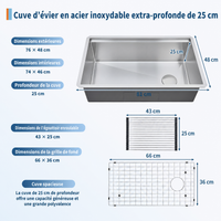 Garvee Évier de cuisine sous plan 81 x 48 x 25 cm en inox 304, poste de travail avec planche à découper, égouttoir, grille, cuve simple et angles R10, argenté