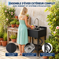 Garvee Évier professionnel sur pieds en acier inoxydable 304, 1 bac, robinet col de cygne pivotant à 360°, 65 × 53 × 100 cm, noir