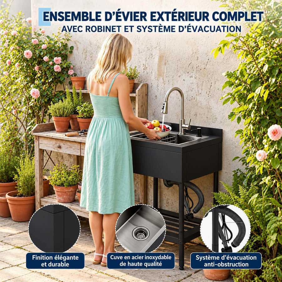 Ensemble évier extérieur complet robinet et système d'évacuation