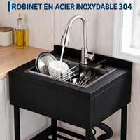 Garvee Évier professionnel sur pieds en acier inoxydable 304, 1 bac, robinet col de cygne pivotant à 360°, 65 × 53 × 100 cm, noir