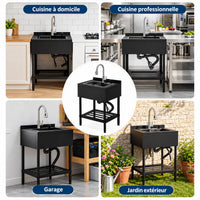 Garvee Évier professionnel sur pieds en acier inoxydable 304, 1 bac, robinet col de cygne pivotant à 360°, 65 × 53 × 100 cm, noir