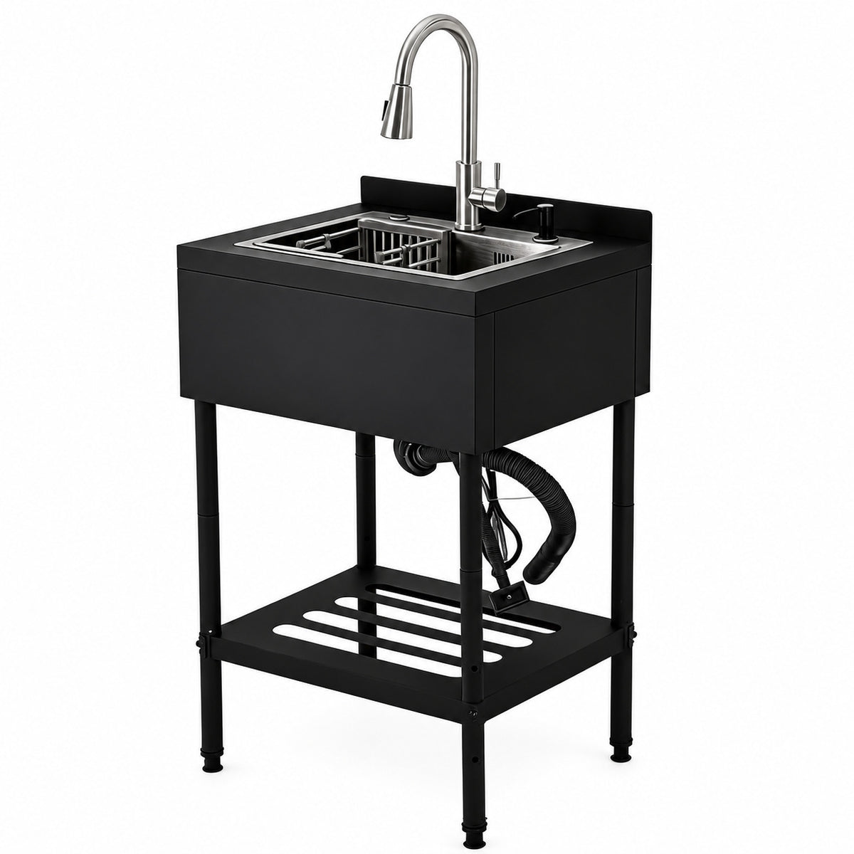 Garvee Évier professionnel sur pieds en acier inoxydable 304, 1 bac, robinet col de cygne pivotant à 360°, 65 × 53 × 100 cm, noir