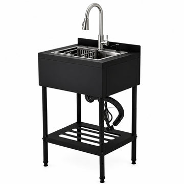 Garvee Évier professionnel sur pieds en acier inoxydable 304, 1 bac, robinet col de cygne pivotant à 360°, 65 × 53 × 100 cm, noir