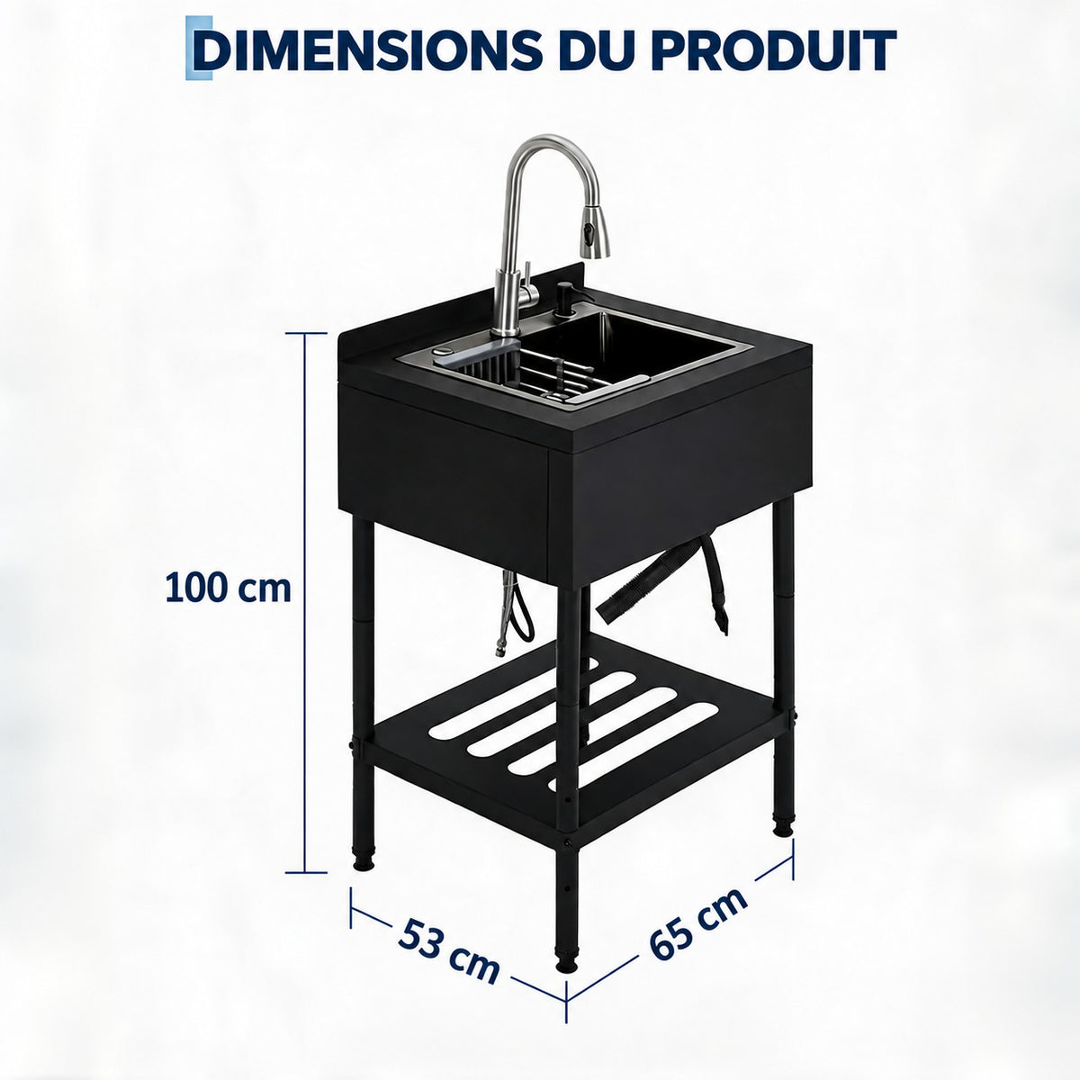 Garvee Évier professionnel sur pieds en acier inoxydable 304, 1 bac, robinet col de cygne pivotant à 360°, 65 × 53 × 100 cm, noir