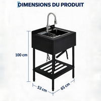 Garvee Évier professionnel sur pieds en acier inoxydable 304, 1 bac, robinet col de cygne pivotant à 360°, 65 × 53 × 100 cm, noir