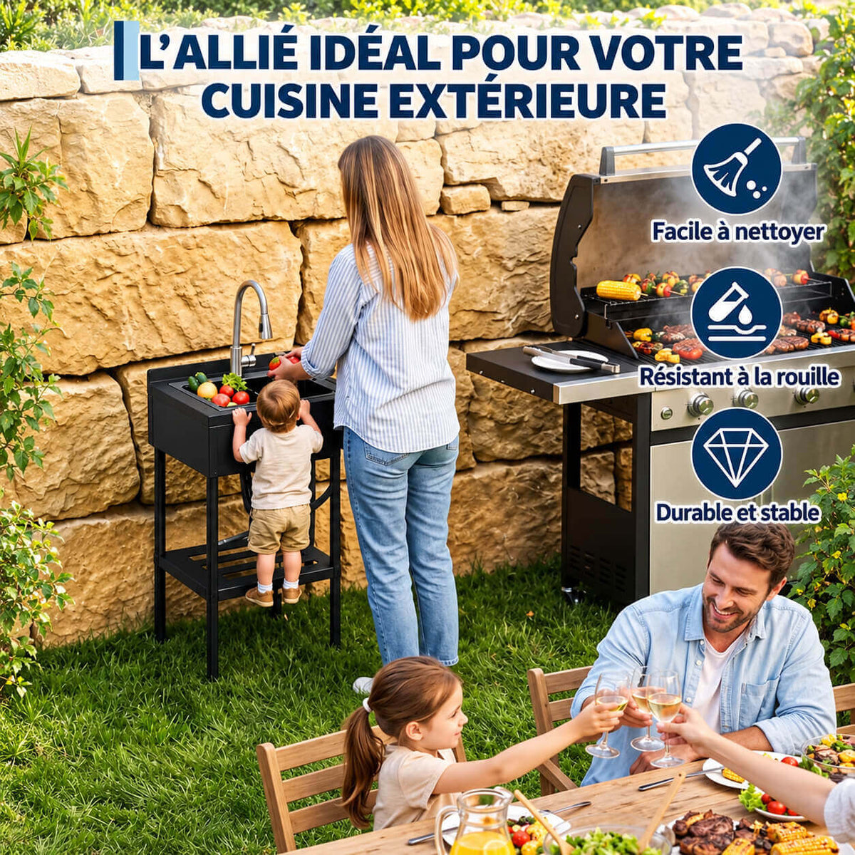 Garvee Évier professionnel sur pieds en acier inoxydable 304, 1 bac, robinet col de cygne pivotant à 360°, 65 × 53 × 100 cm, noir