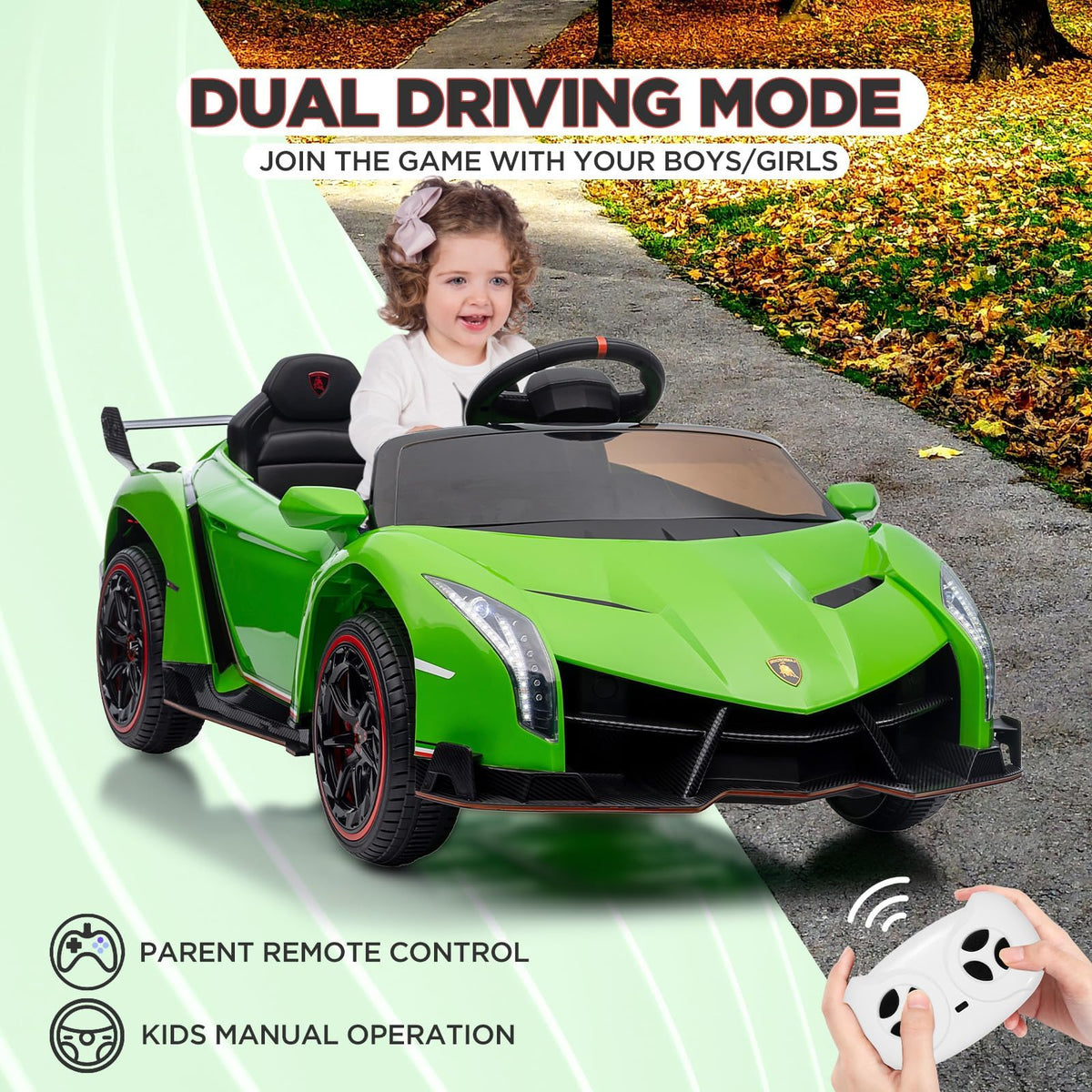 Garvee Voiture Électrique Lamborghini pour Enfants 12 V, Portes Ciseaux, Éclairage LED, Plastique PP, MP3 et Siège Spacieux, pour Enfants de 3 à 6 Ans, Vert