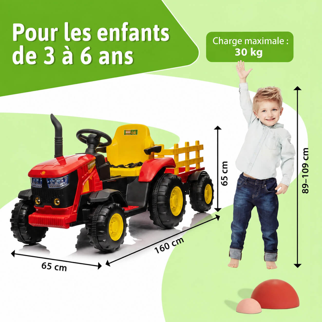 Garvee Tracteur Électrique pour Enfant 12 V, 2 Moteurs de 35 W, Remorque Amovible, 6 Roues en Caoutchouc, Télécommande, 3 Vitesses, Phares LED, 3 à 8 Ans, Rouge