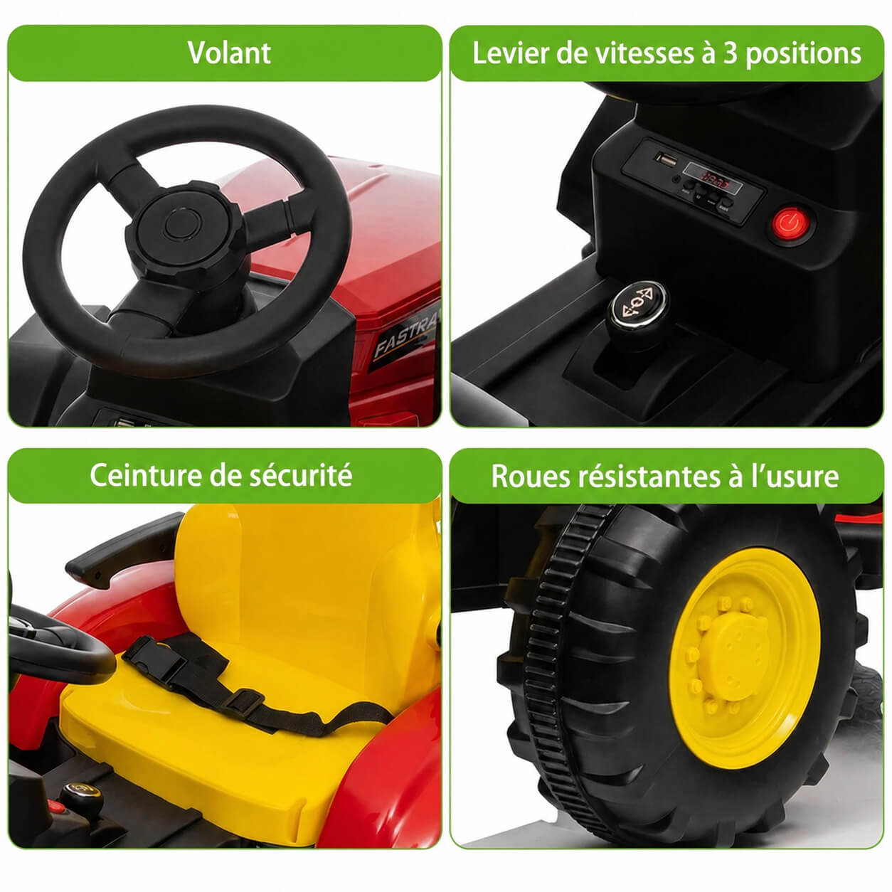 Garvee Tracteur Électrique pour Enfant 12 V, 2 Moteurs de 35 W, Remorque Amovible, 6 Roues en Caoutchouc, Télécommande, 3 Vitesses, Phares LED, 3 à 8 Ans, Rouge