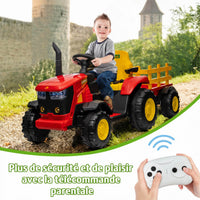 Garvee Tracteur Électrique pour Enfant 12 V, 2 Moteurs de 35 W, Remorque Amovible, 6 Roues en Caoutchouc, Télécommande, 3 Vitesses, Phares LED, 3 à 8 Ans, Rouge