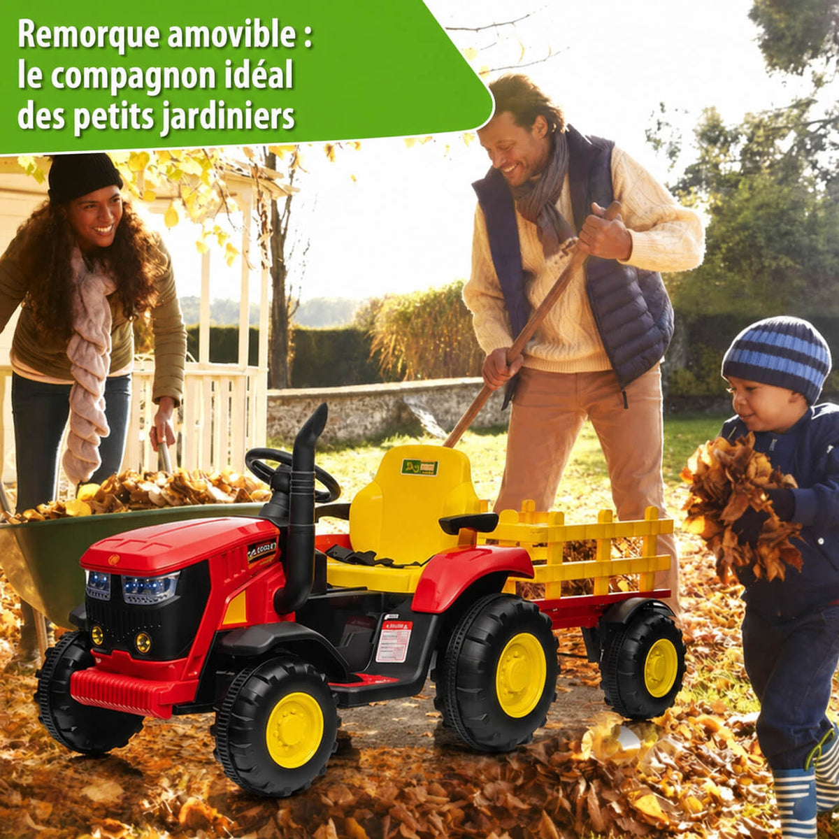 Garvee Tracteur Électrique pour Enfant 12 V, 2 Moteurs de 35 W, Remorque Amovible, 6 Roues en Caoutchouc, Télécommande, 3 Vitesses, Phares LED, 3 à 8 Ans, Rouge