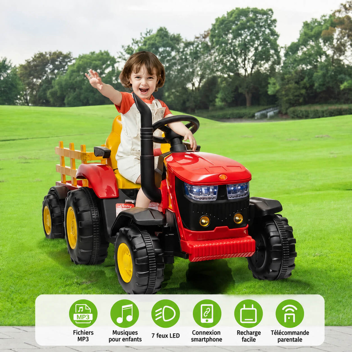 Garvee Tracteur Électrique pour Enfant 12 V, 2 Moteurs de 35 W, Remorque Amovible, 6 Roues en Caoutchouc, Télécommande, 3 Vitesses, Phares LED, 3 à 8 Ans, Rouge