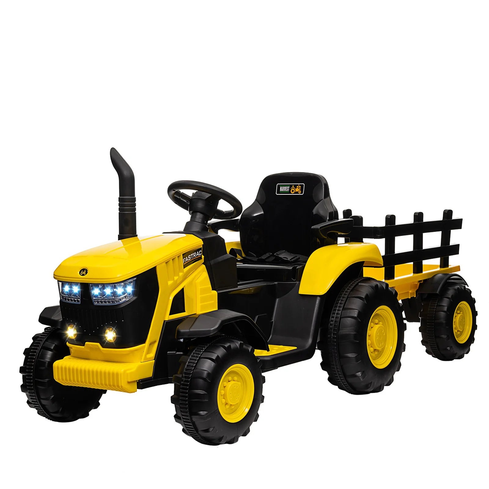 Garvee Tracteur Électrique pour Enfant 12 V, 2 Moteurs de 35 W, Remorque Amovible, 6 Roues en Caoutchouc, Télécommande, 3 Vitesses, Phares LED, 3 à 8 Ans, Jaune