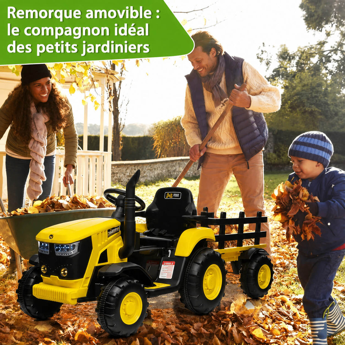 Garvee Tracteur Électrique pour Enfant 12 V, 2 Moteurs de 35 W, Remorque Amovible, 6 Roues en Caoutchouc, Télécommande, 3 Vitesses, Phares LED, 3 à 8 Ans, Jaune