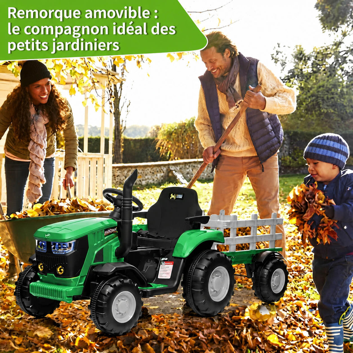 Garvee Tracteur Électrique pour Enfant 12 V, 2 Moteurs de 35 W, Remorque Amovible, 6 Roues en Caoutchouc, Télécommande, 3 Vitesses, Phares LED, 3 à 8 Ans, Vert