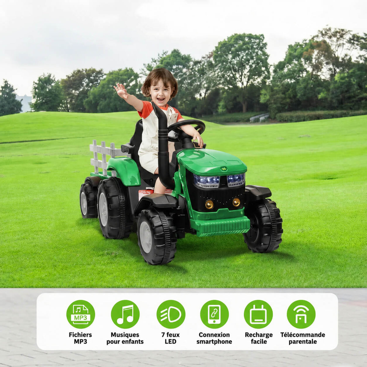 Garvee Tracteur Électrique pour Enfant 12 V, 2 Moteurs de 35 W, Remorque Amovible, 6 Roues en Caoutchouc, Télécommande, 3 Vitesses, Phares LED, 3 à 8 Ans, Vert