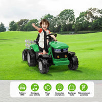 Garvee Tracteur Électrique pour Enfant 12 V, 2 Moteurs de 35 W, Remorque Amovible, 6 Roues en Caoutchouc, Télécommande, 3 Vitesses, Phares LED, 3 à 8 Ans, Vert