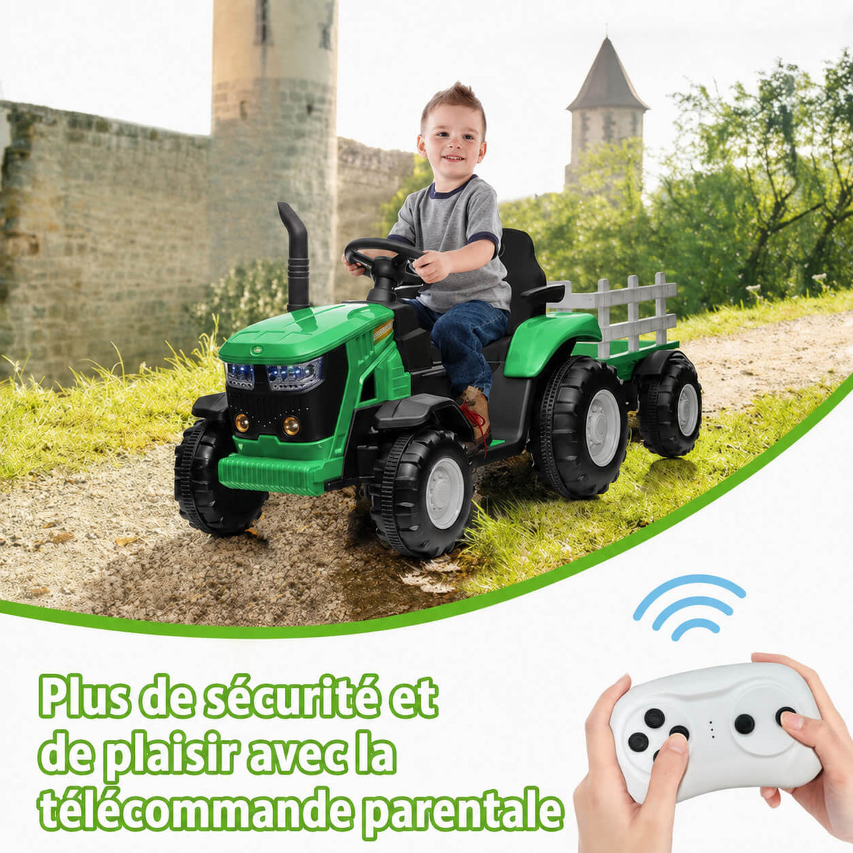 Garvee Tracteur Électrique pour Enfant 12 V, 2 Moteurs de 35 W, Remorque Amovible, 6 Roues en Caoutchouc, Télécommande, 3 Vitesses, Phares LED, 3 à 8 Ans, Vert