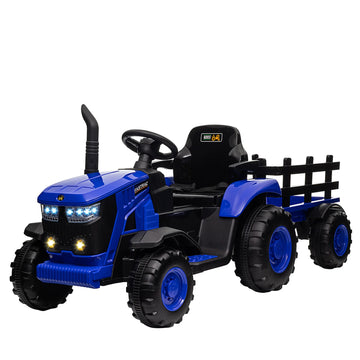 Garvee Tracteur Électrique pour Enfant 12 V, 2 Moteurs de 35 W, Remorque Amovible, 6 Roues en Caoutchouc, Télécommande, 3 Vitesses, Phares LED, 3 à 8 Ans, Bleu