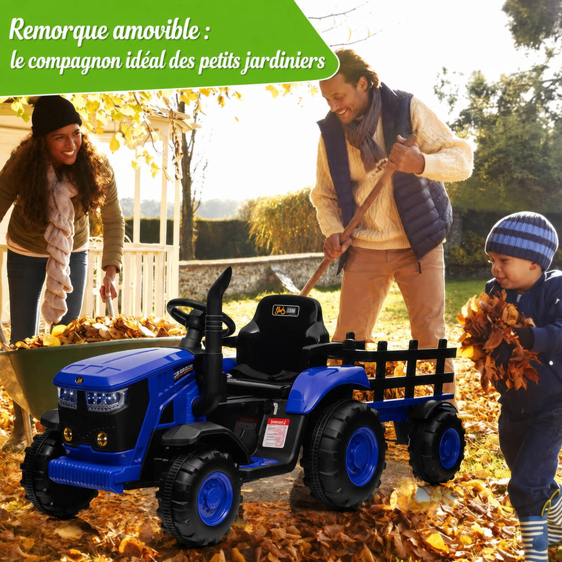 Garvee Tracteur Électrique pour Enfant 12 V, 2 Moteurs de 35 W, Remorque Amovible, 6 Roues en Caoutchouc, Télécommande, 3 Vitesses, Phares LED, 3 à 8 Ans, Bleu
