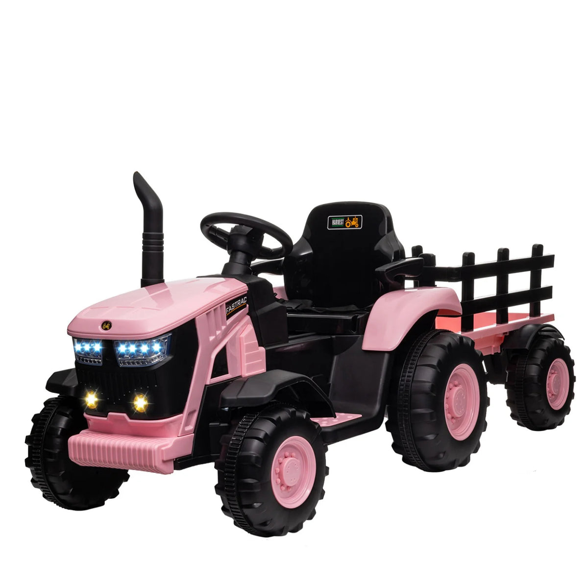 Garvee Tracteur Électrique pour Enfant 12 V, 2 Moteurs de 35 W, Remorque Amovible, 6 Roues en Caoutchouc, Télécommande, 3 Vitesses, Phares LED, 3 à 8 Ans, Rose