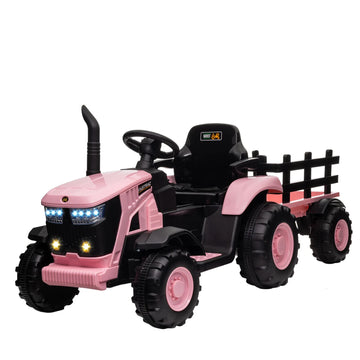 Garvee Tracteur Électrique pour Enfant 12 V, 2 Moteurs de 35 W, Remorque Amovible, 6 Roues en Caoutchouc, Télécommande, 3 Vitesses, Phares LED, 3 à 8 Ans, Rose
