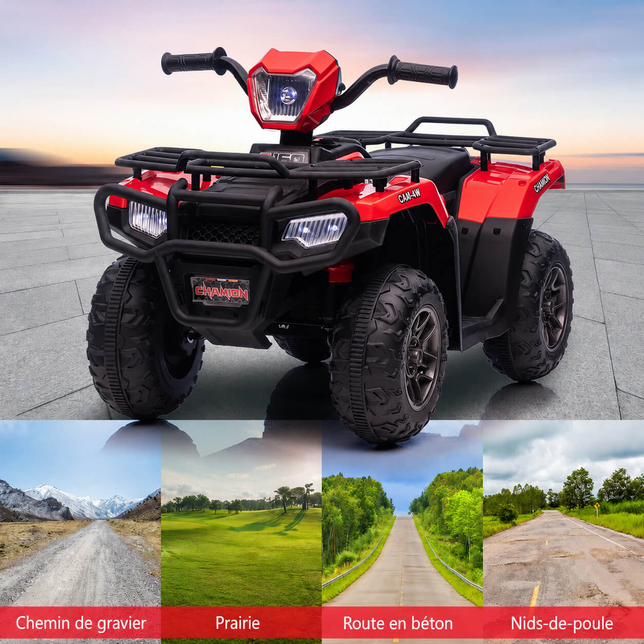 Garvee Quad Électrique pour Enfants 12 V, Rouge, Véhicule Tout-Terrain avec Pneus Off-Road, Phares LED, Vitesse Variable et Plastique Résistant, 3 à 6 Ans