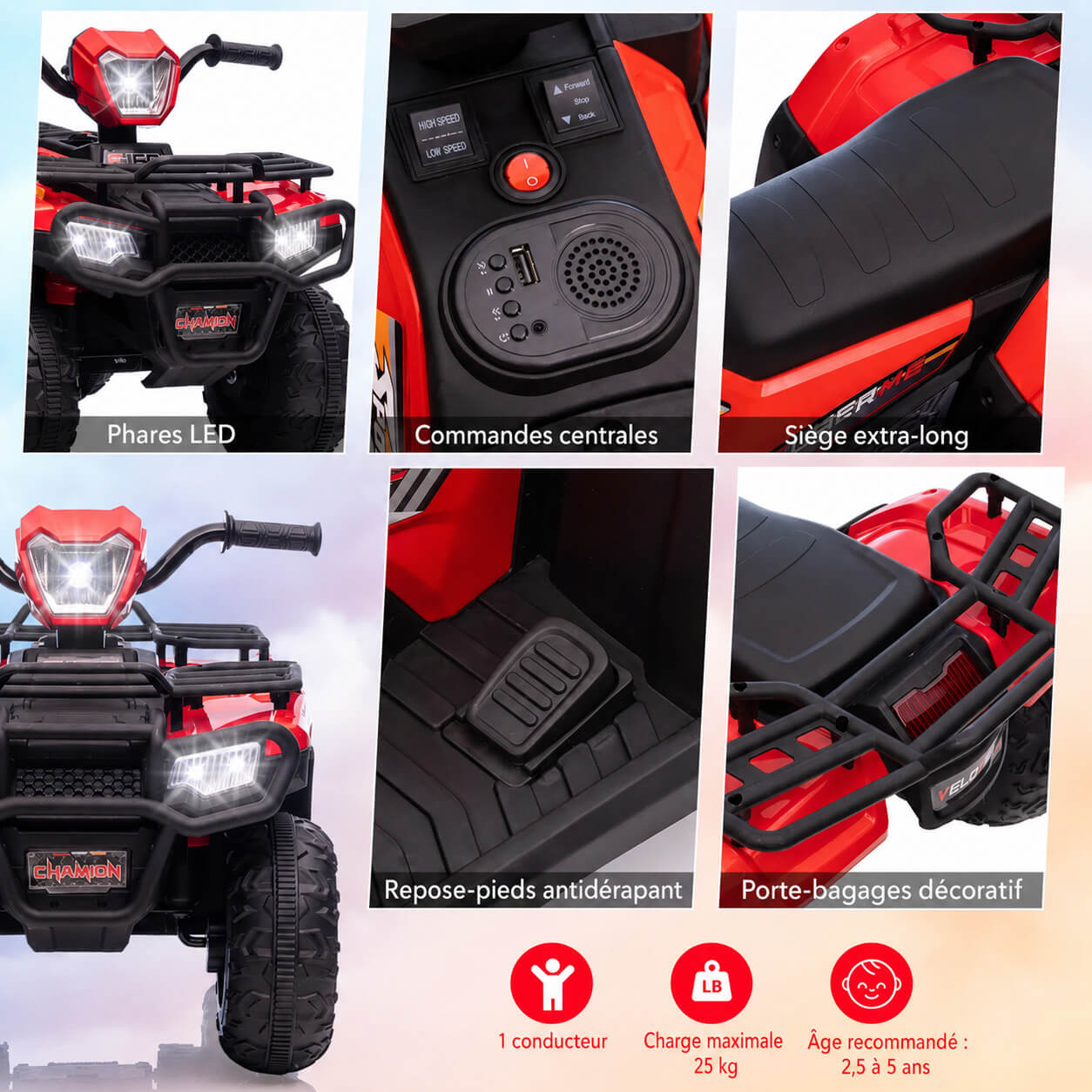 Garvee Quad Électrique pour Enfants 12 V, Rouge, Véhicule Tout-Terrain avec Pneus Off-Road, Phares LED, Vitesse Variable et Plastique Résistant, 3 à 6 Ans