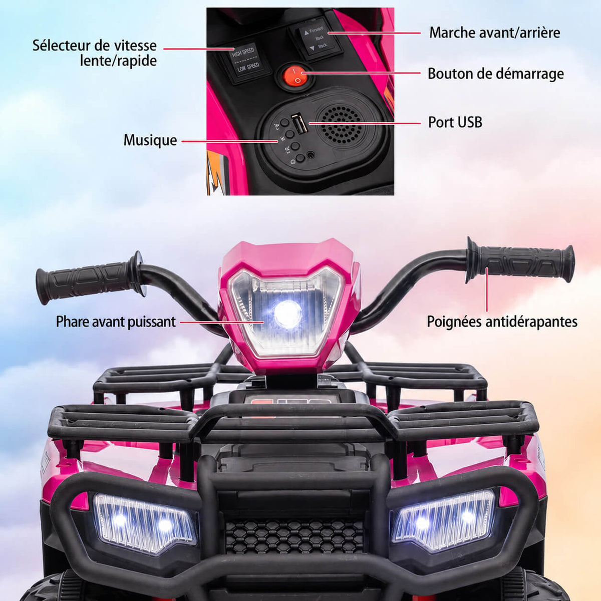 Garvee Quad Électrique pour Enfants 12 V, Fuchsia, Véhicule Tout-Terrain avec Pneus Off-Road, Phares LED, Vitesse Variable et Plastique Résistant, 3 à 6 Ans