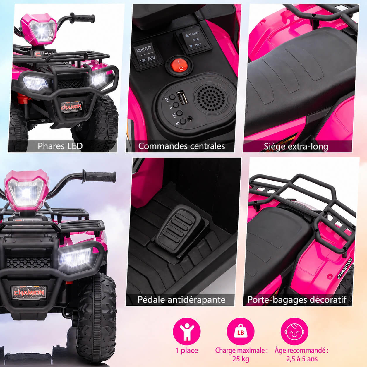 Garvee Quad Électrique pour Enfants 12 V, Fuchsia, Véhicule Tout-Terrain avec Pneus Off-Road, Phares LED, Vitesse Variable et Plastique Résistant, 3 à 6 Ans