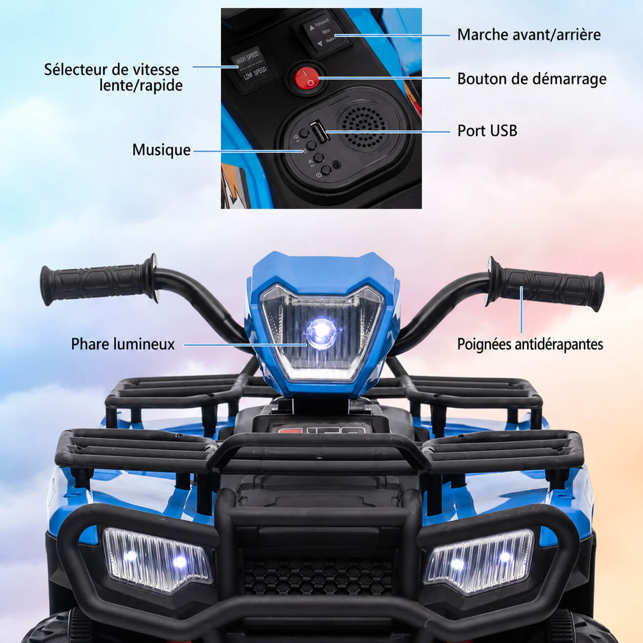 Garvee Quad Électrique pour Enfants 12 V, Bleu, Véhicule Tout-Terrain avec Pneus Off-Road, Phares LED, Vitesse Variable et Plastique Résistant, 3 à 6 Ans