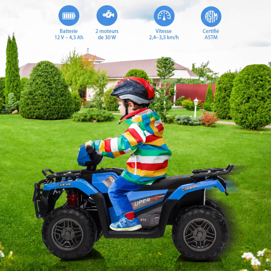 Garvee Quad Électrique pour Enfants 12 V, Bleu, Véhicule Tout-Terrain avec Pneus Off-Road, Phares LED, Vitesse Variable et Plastique Résistant, 3 à 6 Ans