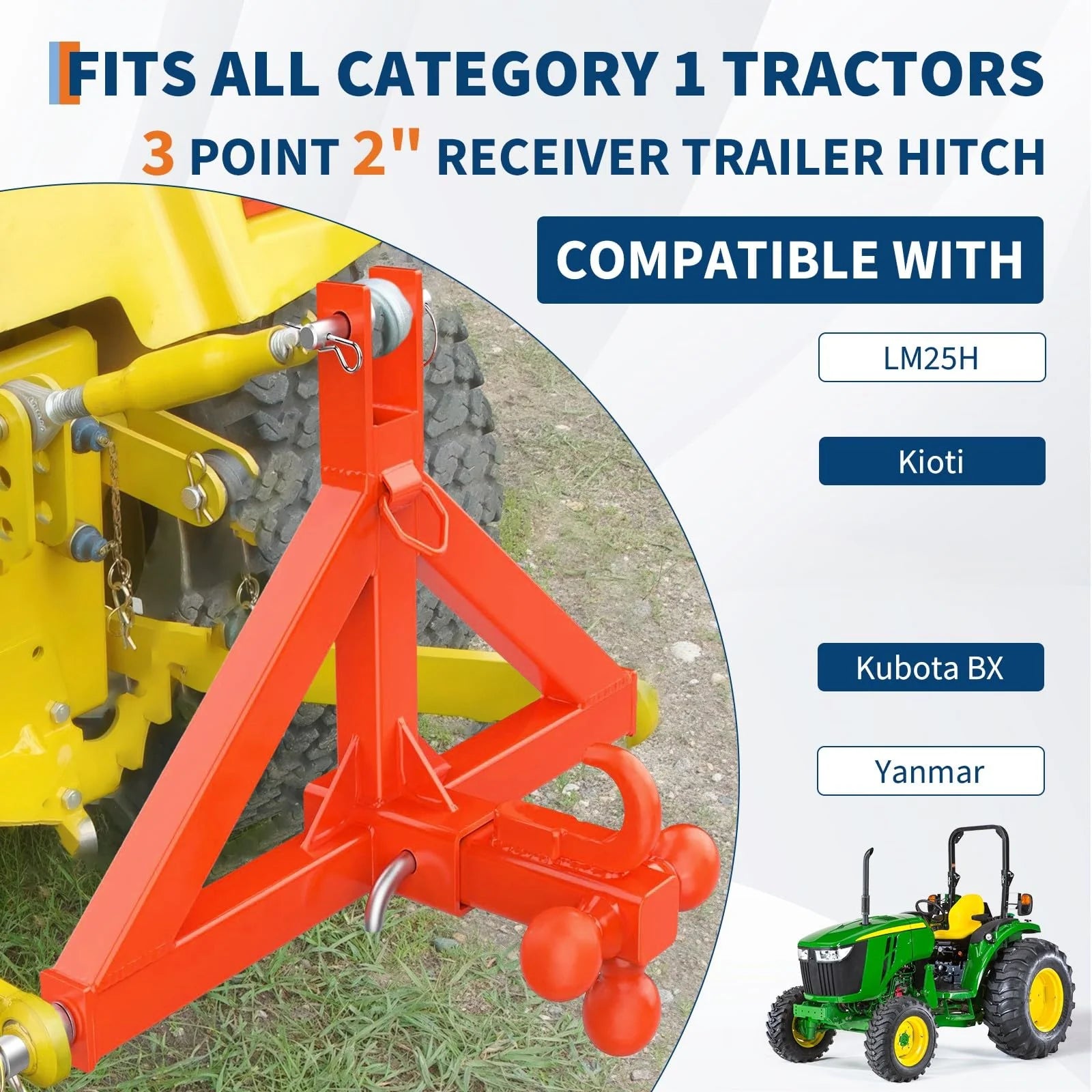Garvee Attelage 3points Cat.1 pour tracteur compact, récepteur 50,8mm, 3boules et crochet, acier thermolaqué, usage agricole