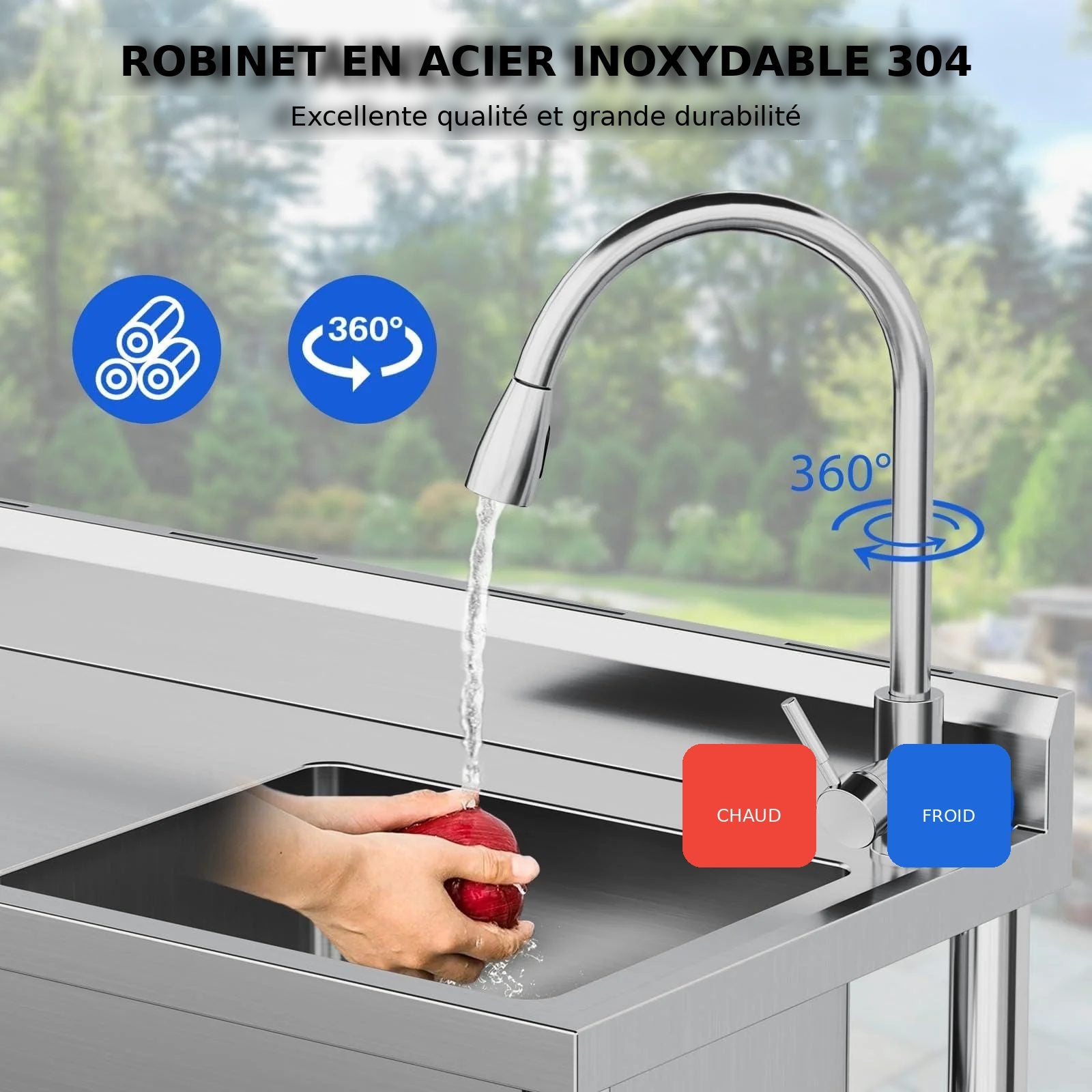 Garvee Évier Utilitaire Inox 76 x 41 x 102cm avec Égouttoir Droit, Robinet Eau Chaude/Froide, pour Buanderie, Argent