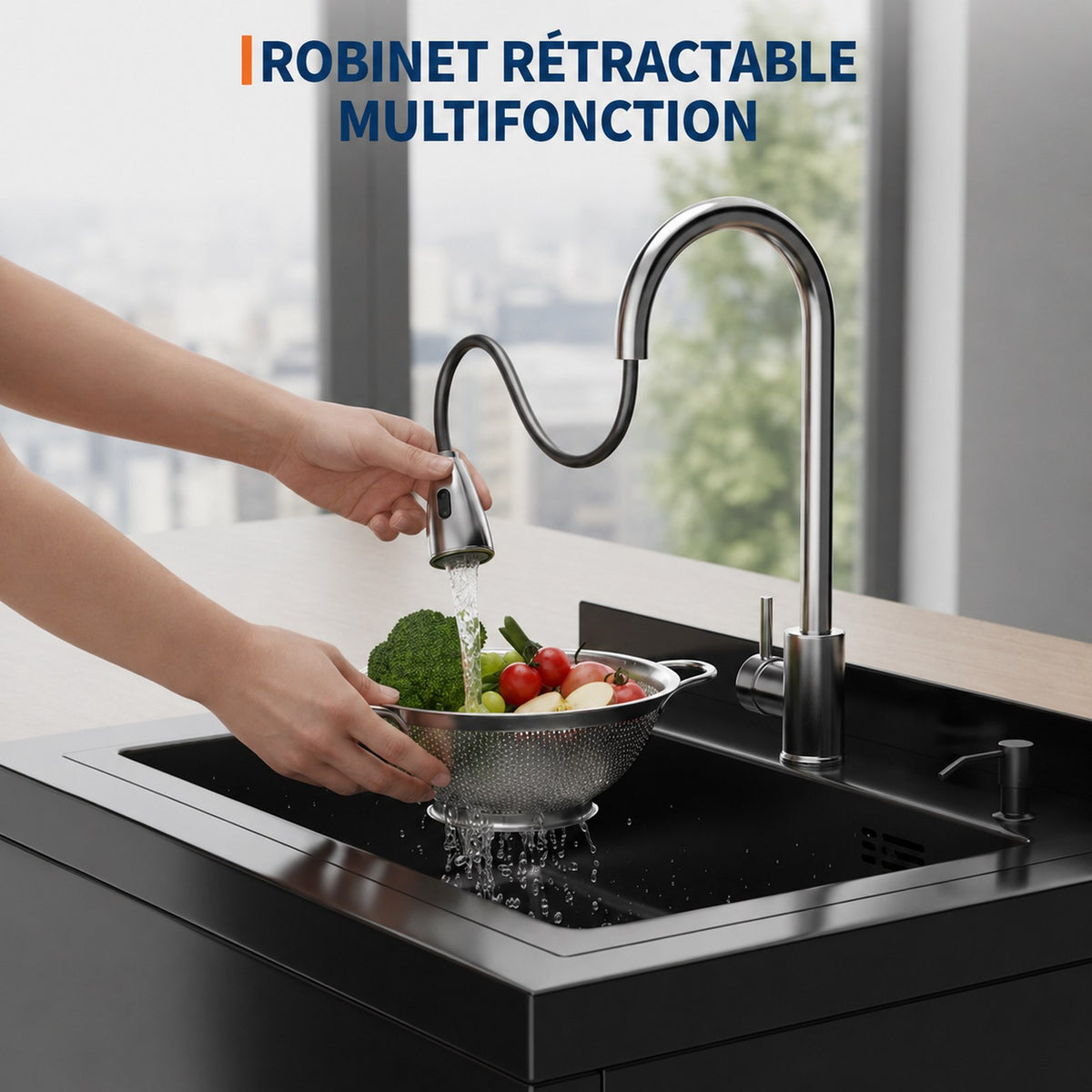 Garvee Évier multifonction en acier inoxydable 304 noir, 61× 57.1 × 96 cm, robinet 360° et étagère inférieure pour garage et buanderie