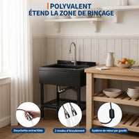 Garvee Évier multifonction en acier inoxydable 304 noir, 61× 57.1 × 96 cm, robinet 360° et étagère inférieure pour garage et buanderie
