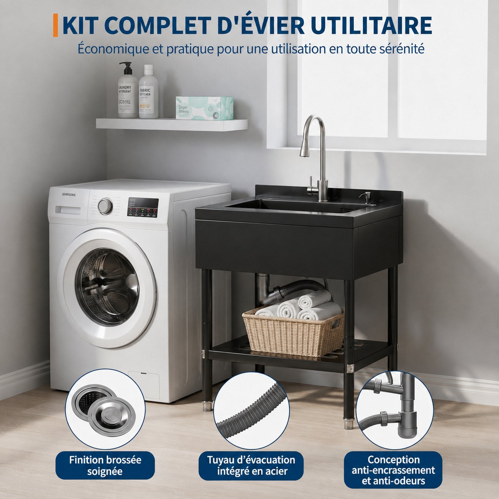Garvee Évier multifonction en acier inoxydable 304 noir, 61× 57.1 × 96 cm, robinet 360° et étagère inférieure pour garage et buanderie