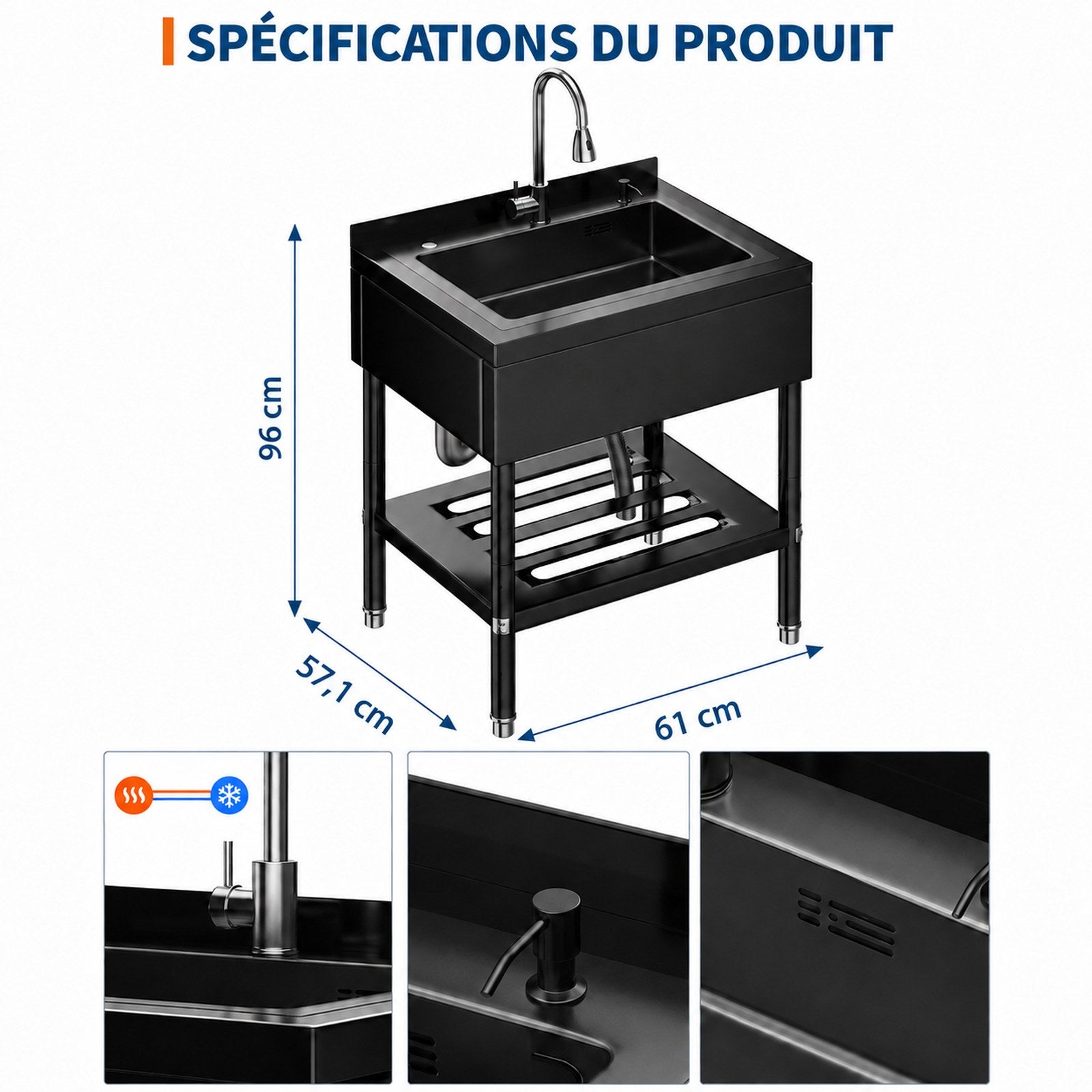 Garvee Évier multifonction en acier inoxydable 304 noir, 61× 57.1 × 96 cm, robinet 360° et étagère inférieure pour garage et buanderie