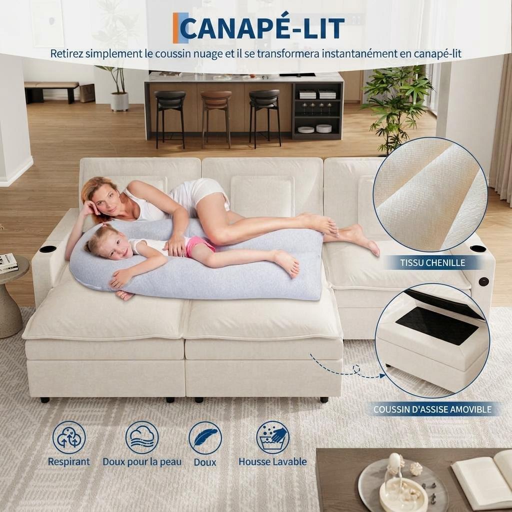 Garvee Canapé d’Angle Modulable en U, 3 Places, Assise Profonde, Accoudoirs avec Rangement et Ports USB, Ottoman Mobile, Porte-Gobelets, Tissu Chenille Beige, pour Salon