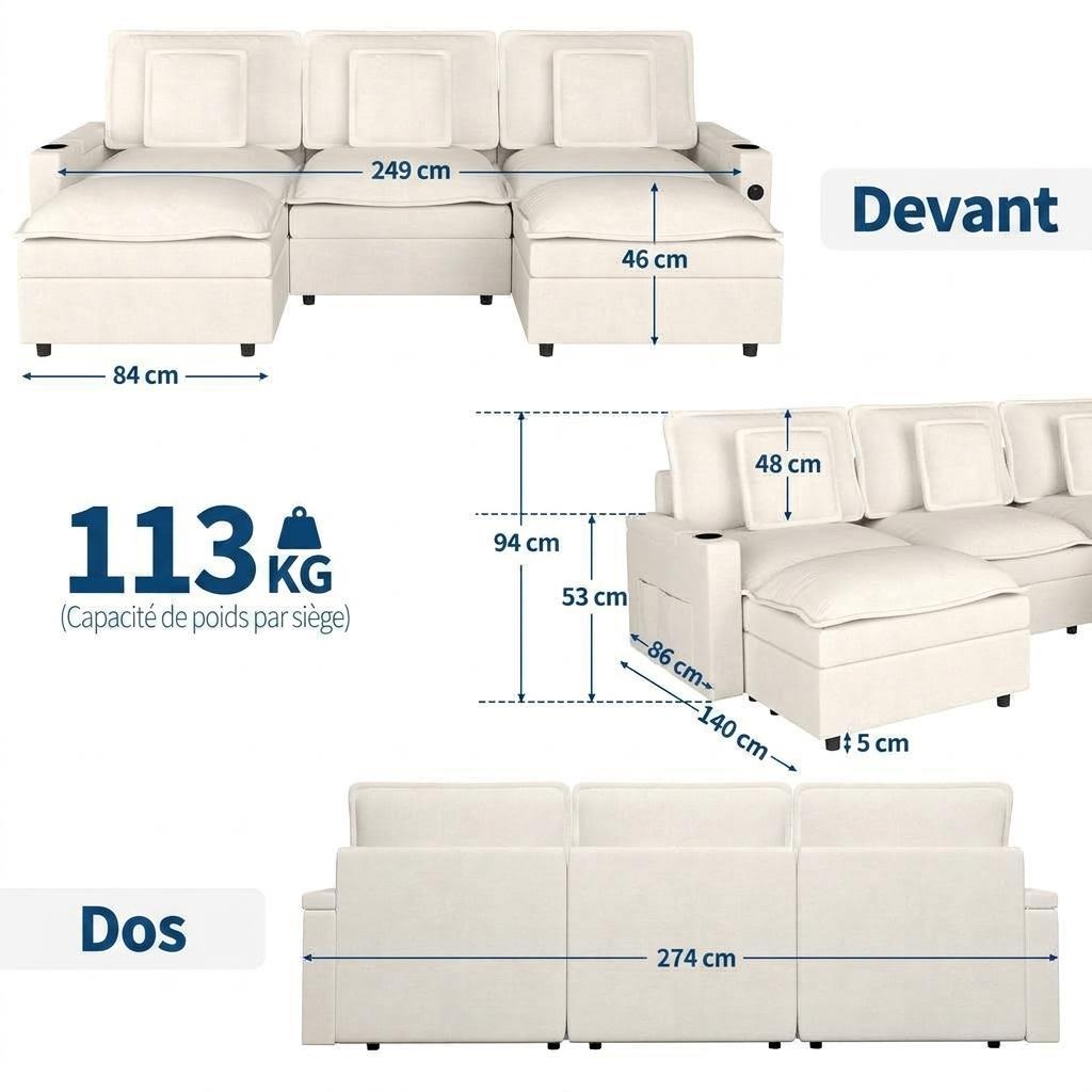 Garvee Canapé d’Angle Modulable en U, 3 Places, Assise Profonde, Accoudoirs avec Rangement et Ports USB, Ottoman Mobile, Porte-Gobelets, Tissu Chenille Beige, pour Salon