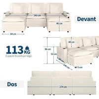 Garvee Canapé d’Angle Modulable en U, 3 Places, Assise Profonde, Accoudoirs avec Rangement et Ports USB, Ottoman Mobile, Porte-Gobelets, Tissu Chenille Beige, pour Salon