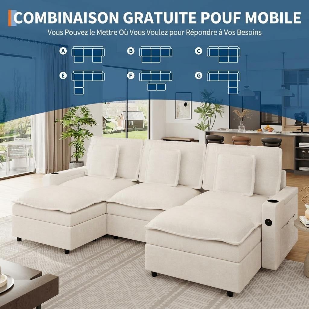 Garvee Canapé d’Angle Modulable en U, 3 Places, Assise Profonde, Accoudoirs avec Rangement et Ports USB, Ottoman Mobile, Porte-Gobelets, Tissu Chenille Beige, pour Salon