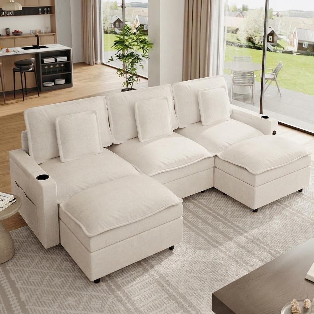 Garvee Canapé d’Angle Modulable en U, 3 Places, Assise Profonde, Accoudoirs avec Rangement et Ports USB, Ottoman Mobile, Porte-Gobelets, Tissu Chenille Beige, pour Salon