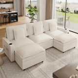 Garvee Canapé d’Angle Modulable en U, 3 Places, Assise Profonde, Accoudoirs avec Rangement et Ports USB, Ottoman Mobile, Porte-Gobelets, Tissu Chenille Beige, pour Salon