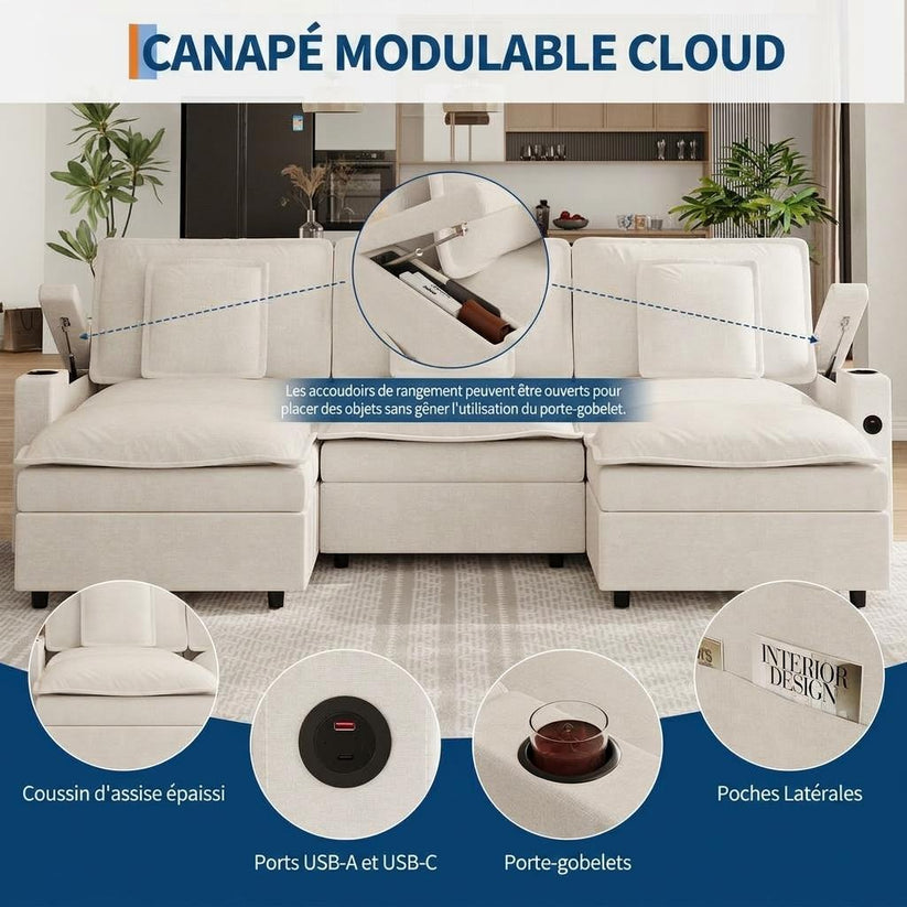 Canapé modulable en U avec pouf mobile pour adapter l’espace détente