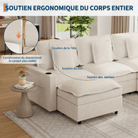 Garvee Canapé d’Angle Modulable en U, 3 Places, Assise Profonde, Accoudoirs avec Rangement et Ports USB, Ottoman Mobile, Porte-Gobelets, Tissu Chenille Beige, pour Salon