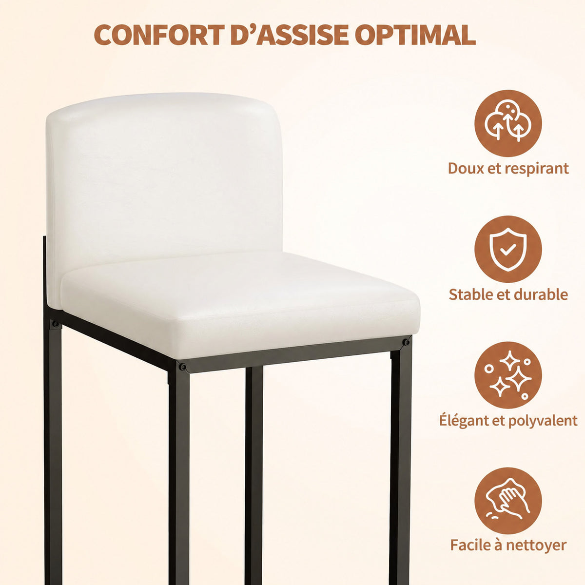 Garvee Lot de 6 Tabourets de Bar, Hauteur d'Assise 63 cm, Similicuir Blanc avec Dossier et Repose-Pieds, Cadre en Métal pour Cuisine et Salle à Manger